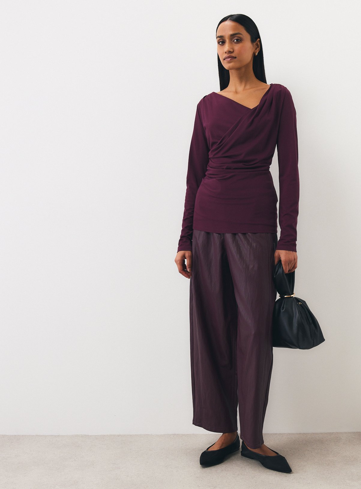 Berry Red Draped Crewneck Long Sleeve Top 26 - Image 2 thumbnail